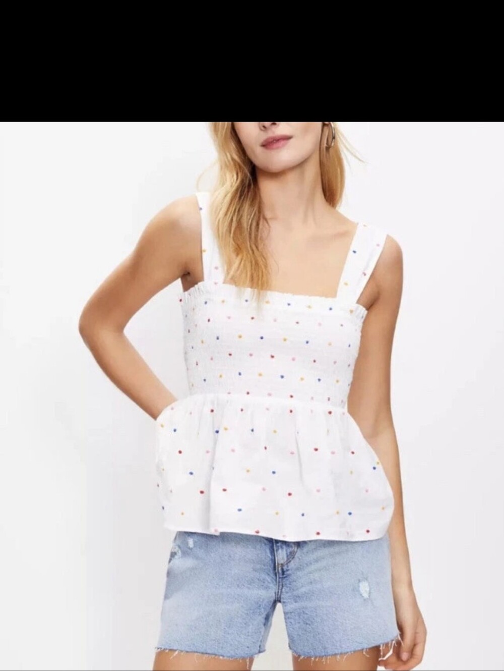 LOFT White Smocked Peplum Top with Multicolor Embroidered Dots - Petite Small